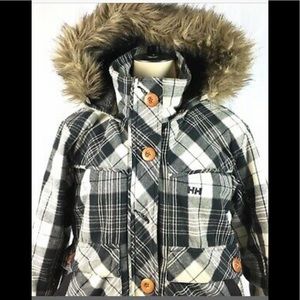 Helley Hansen plaid coat fur hood